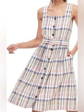 Gal Meets Glam Pink and Blue Plaid Belted Midi Dress